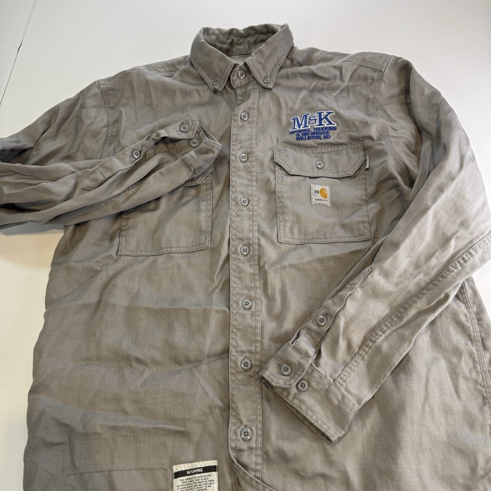Carhartt FR Shirt Flame Resistant Long Sleeve Button Mens L Gray Workwear Logo